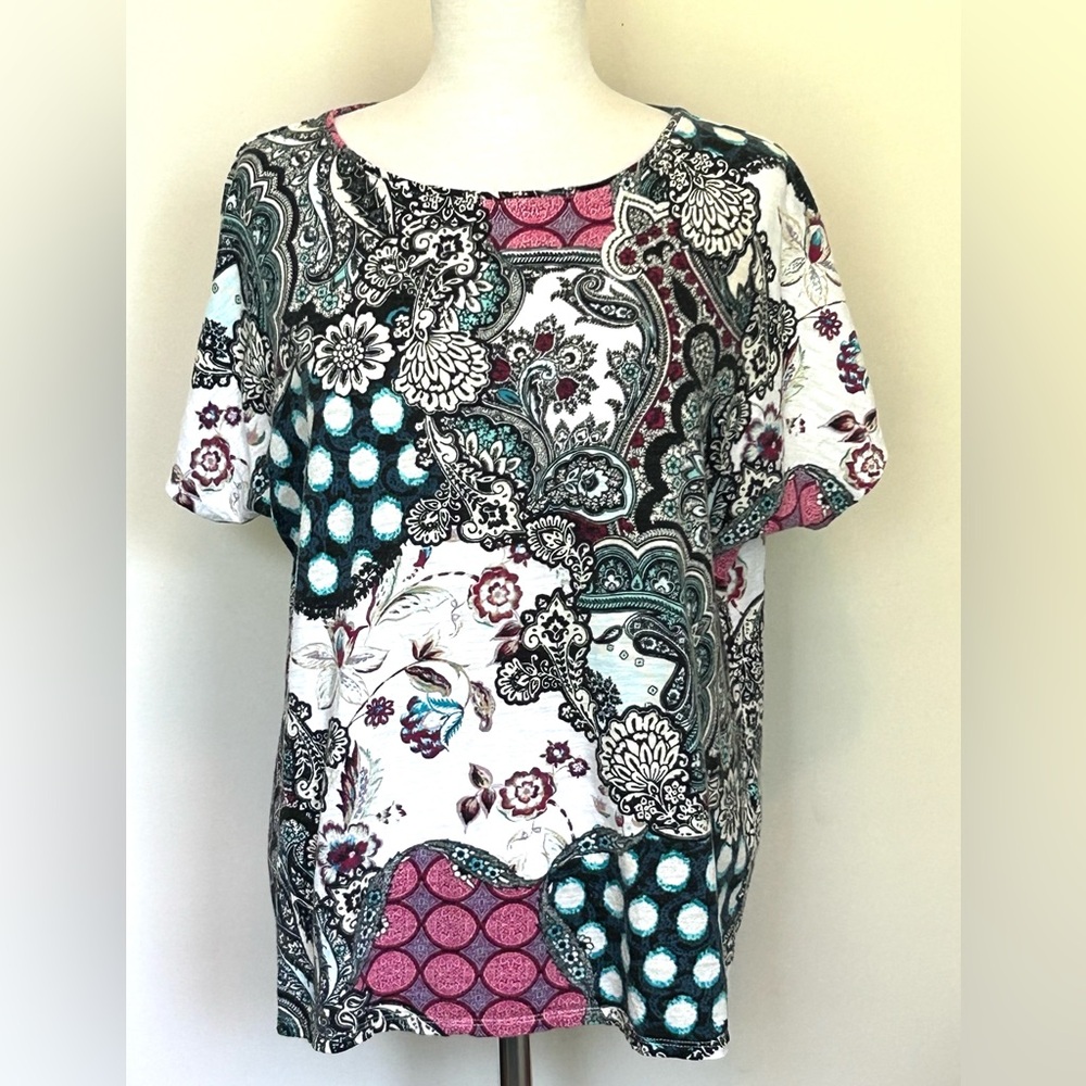 Chico's Multicolored Mixed Print Paisley Short Sleeve T-Shirt - Sz 3 (Sz XL /16)